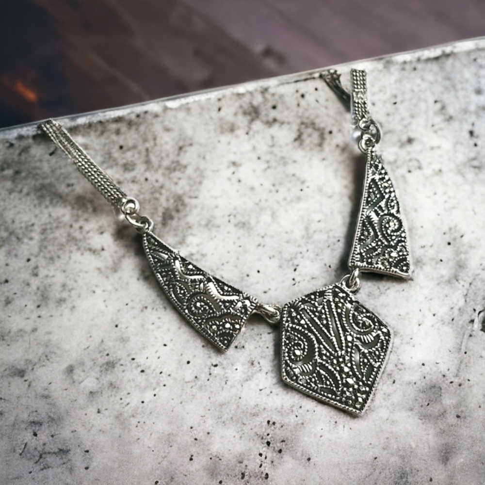 Vintage Art Deco 1920s Marcasite Sterling Silver Pendant Necklace - Picture 3 of 16